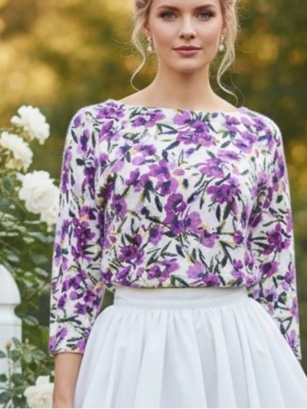 CottageCore - Romantic - Femine - Purple Floral Boatneck Supima Cotton Top - MP